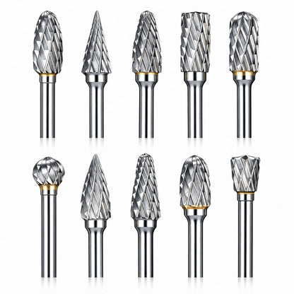 Sworker 10 Pcs Carbide Burr Set 1/8" Shank w/ 2 Collets Compatible with Dremel Bits Rotary Tools Attachment Kit Rasp Drill File Accessories Metal Wood Stone Steel Grinding Carving Cutting Polishing