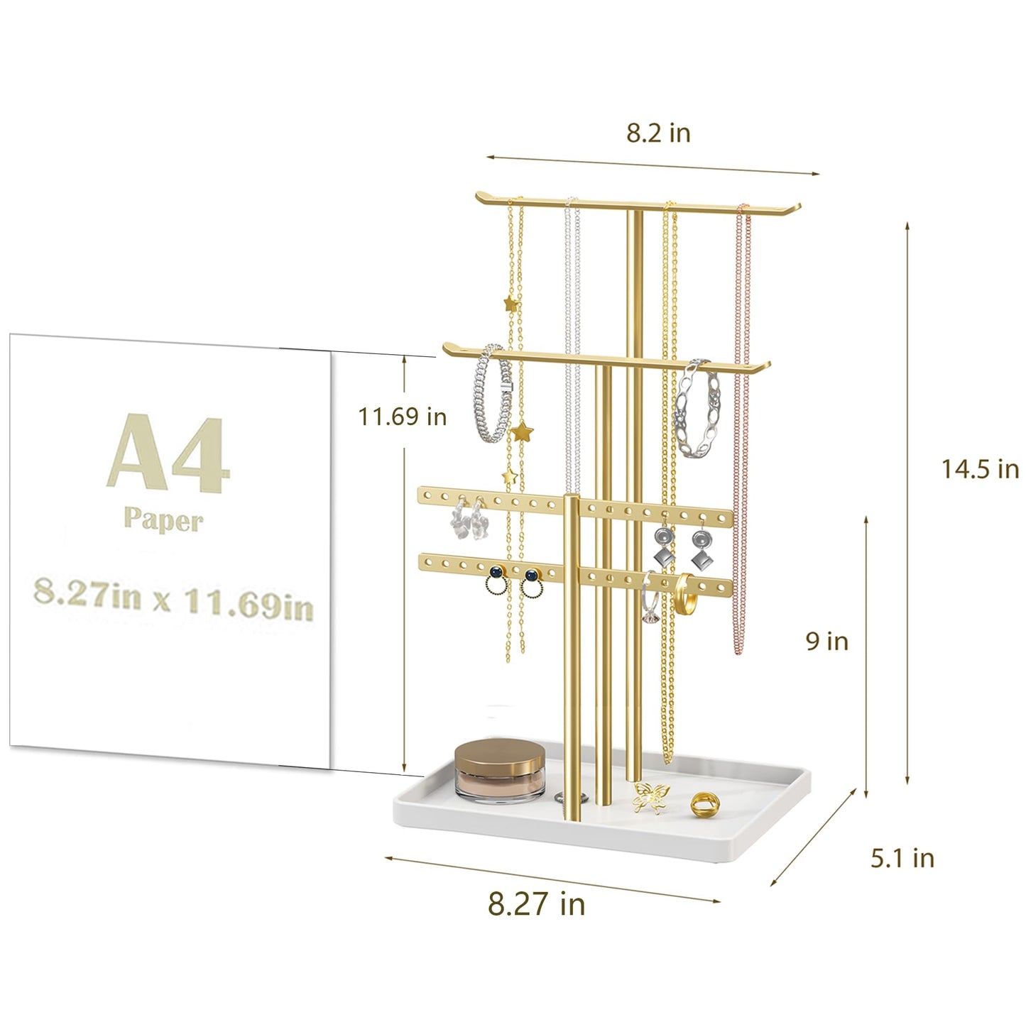 pickpiff Jewelry Stand Holder Organizer: 14.5" Sturdy Hanger for 80 Pcs Jewelry, Gift for Women, Gold Jewlery Tower for Necklace, Earring, Bracelet
