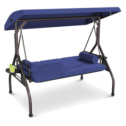 Patiomore 3 Seat Outdoor Porch Swing Bench, Adjustable Canopy Swing Chair, Convertible Backrest Swing Bed with Pillow & Cup Hold and Thicken Cushions, Dark Blue