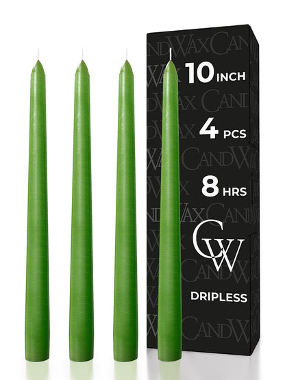 CANDWAX 10 inch Taper Candles - Set of 4 - Dripless, Unscented and Smokeless - Green Tapered Candle Sticks - Perfect for Dinner - Grass Green Candles