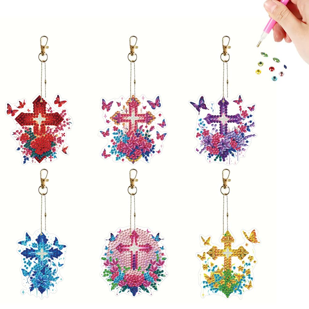 POETRYDRAW 6Pcs Diamond Painting Keychains Double Sided 5D Cross Flower Diamond Art Kit Full Drill DIY Diamond Art Keychain Gem Art Diamond Painting Kits for Adults