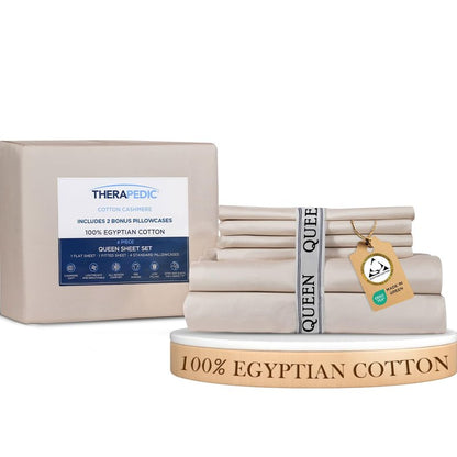 Therapedic 100% Egyptian Cotton Queen 6-Piece Sheet Set – Naturally Cooling & Breathable Sateen, Preshrunk Garment Wash, 16" Deep Pocket Fitted Sheet, Bonus Pillowcases, Soft & Durable - Fog