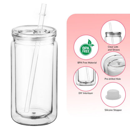 Cuguords 8 Pack 16oz Snow Globe Tumblers with Lids, Straws & Plugs, Double Wall Acrylic Plastic Snowglobe Cups, Pre-Drilled Hole DIY Glitter Tumbler Supplies, Bulk Clear Globe Cups for Party Favors
