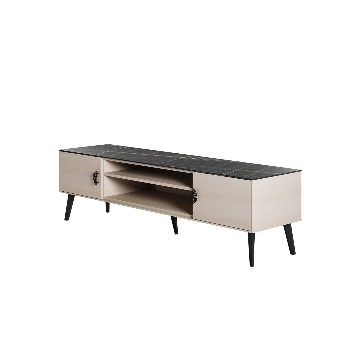 Manhattan Comfort Haley Mid Century Modern TV Stand for Televisions up to 55 Inches, Home Entertainment Center with Storage, Shelves, and Soft Close Doors, 70.9" Wide, White and Black Marble
