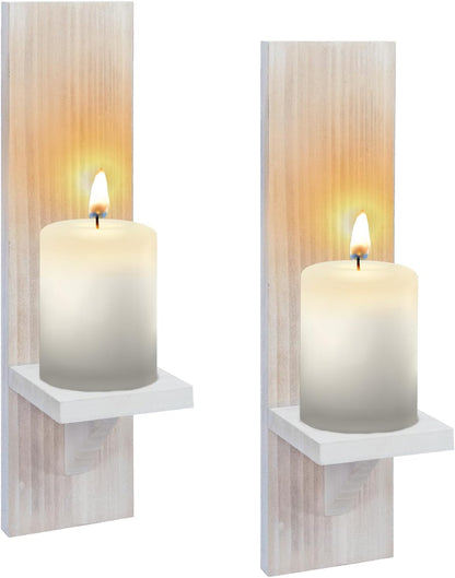 Set Wall Candle Sconces of Two, Wash White Wood Wall Candle Holder Decor, Farmhouse Wooden Candle Holder Decor