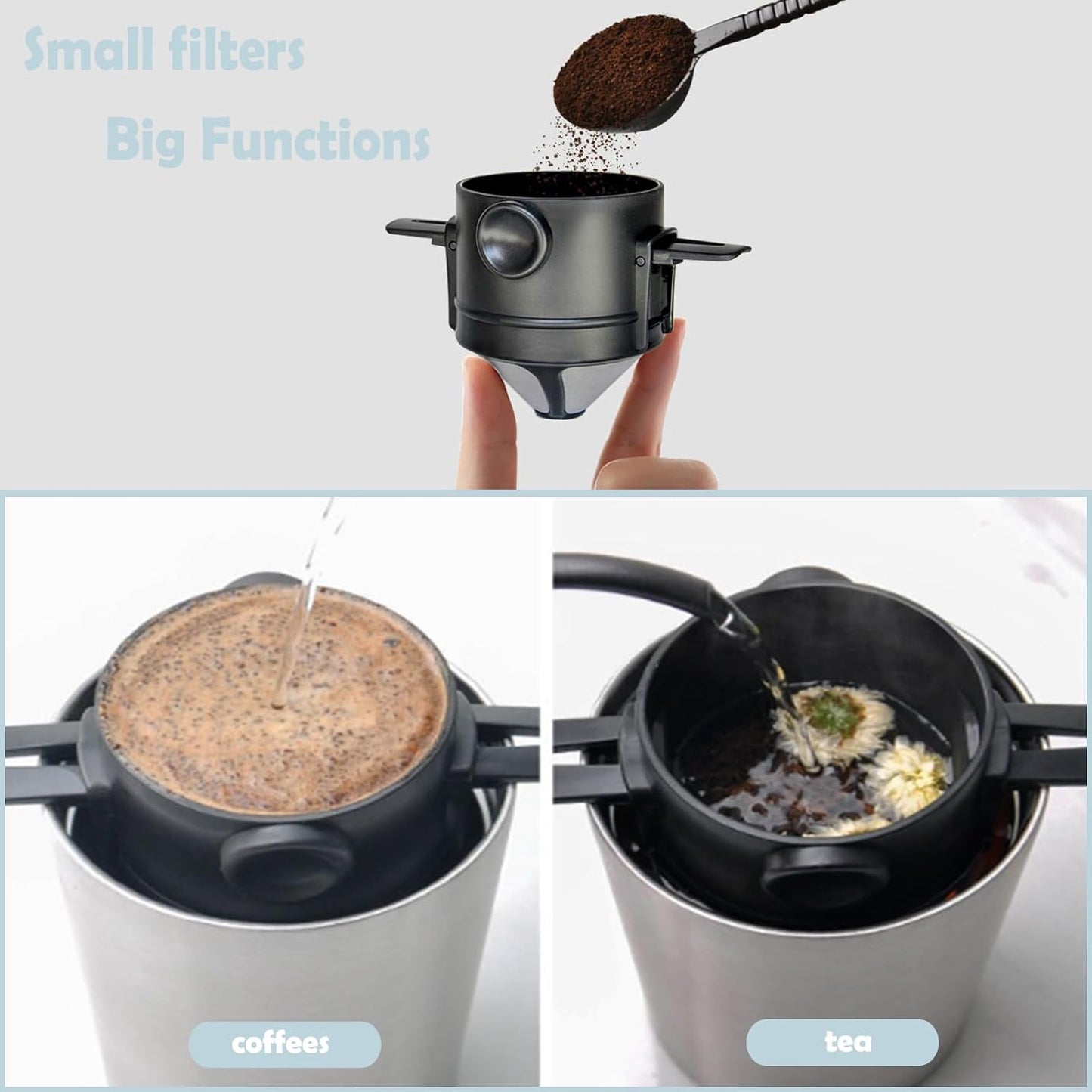 Pour Over Coffee Dripper, Reusable Stainless Steel Filters, Mini Collapsible Single Serve Coffee Maker for Home,