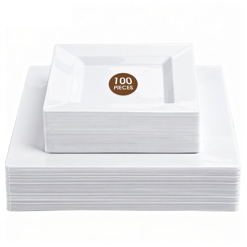 Pryntono 100 Pack White Square Plastic Plates, Includes 50 Dinner Plates 9.5" and 50 Dessert Plates 6.5", Heavy Duty Disposable Plates for Wedding, Holiday Party, Birthday, White