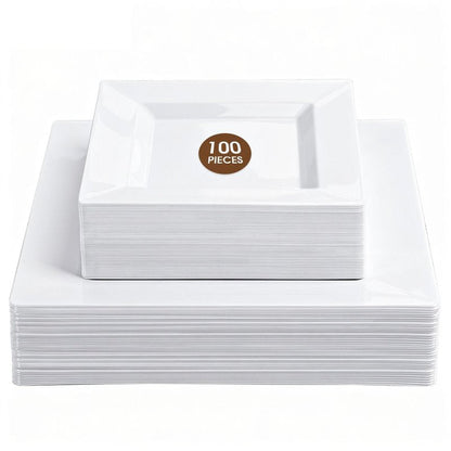 Pryntono 100 Pack White Square Plastic Plates, Includes 50 Dinner Plates 9.5" and 50 Dessert Plates 6.5", Heavy Duty Disposable Plates for Wedding, Holiday Party, Birthday, White