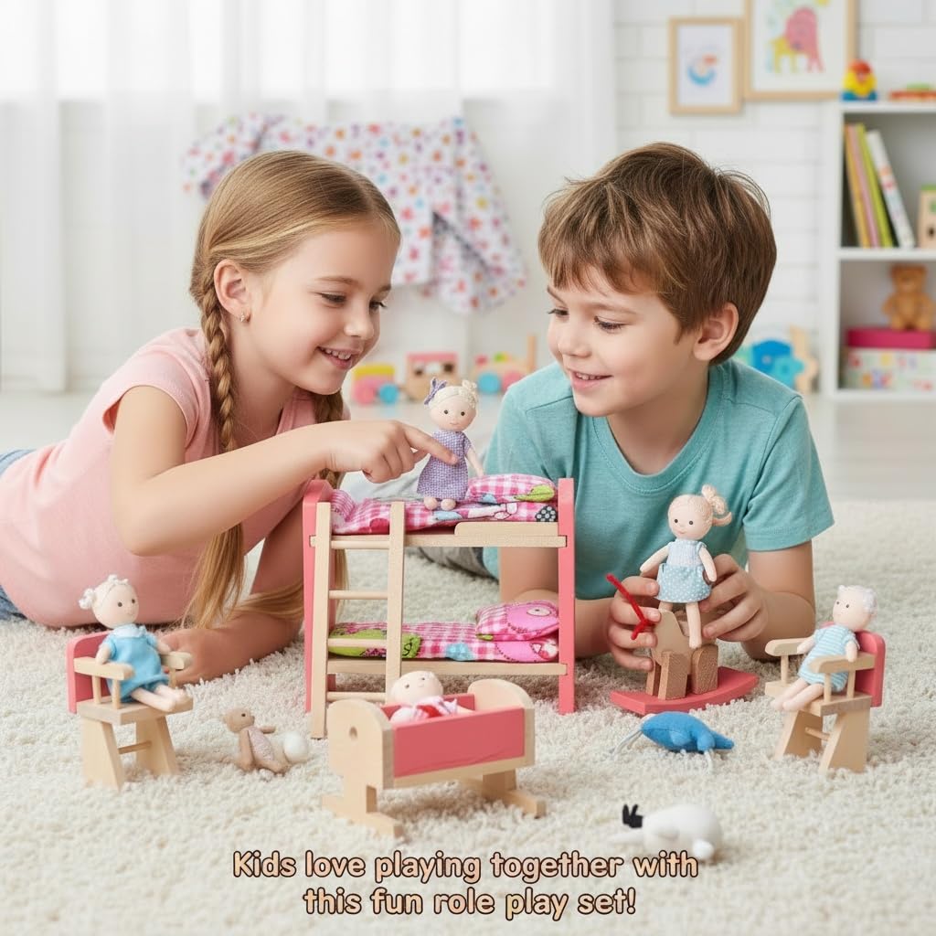 JOINPAYA Wooden Dollhouse Bedroom Furniture: Doll Bunk Bed Rocking Horse Chair, DIY 1:12 Scale Miniature Doll House Decoration Accessories for Ages 3+ Role-Playing