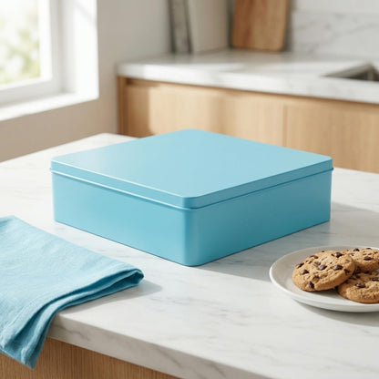 Ipetboom Large Square Tin Storage Box with Lid Extra Large Metal Container for Home Organization for Cookies Snacks and Packaging Sturdy Tinplate Blue