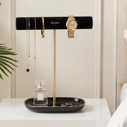 Saydear Velvet Jewelry Organizer Stand, T-Bar Necklace Holder with Ceramic Ring Dish Tray, Watch & Bracelet Display Organizer for Vanity, Dresser, Nightstand, Luxury Gift for Women Black