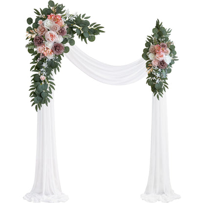 Olalaka Dusty Rose Artificial Wedding Arch Flowers Kit (Pack of 3) with 26Ft White Shiny Arch Draping Fabric for DIY Wedding Party Ceremony Reception Backdrop Floral Decoration