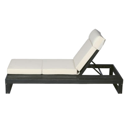 Merax 2 Piece Black Acacia Wood Chaise Lounge with 4-Inch Beige 4-Fold Cushion Set, Adjustable Outdoor Patio Lounger with Flat Side Surface, for Poolside