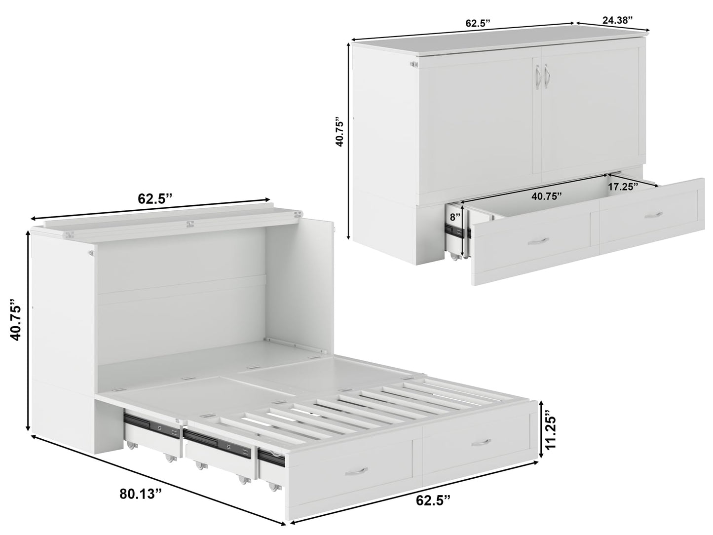 Modern Queen Size Murphy Bed Chest with Mattress, Storage, and Built-in Charger in White