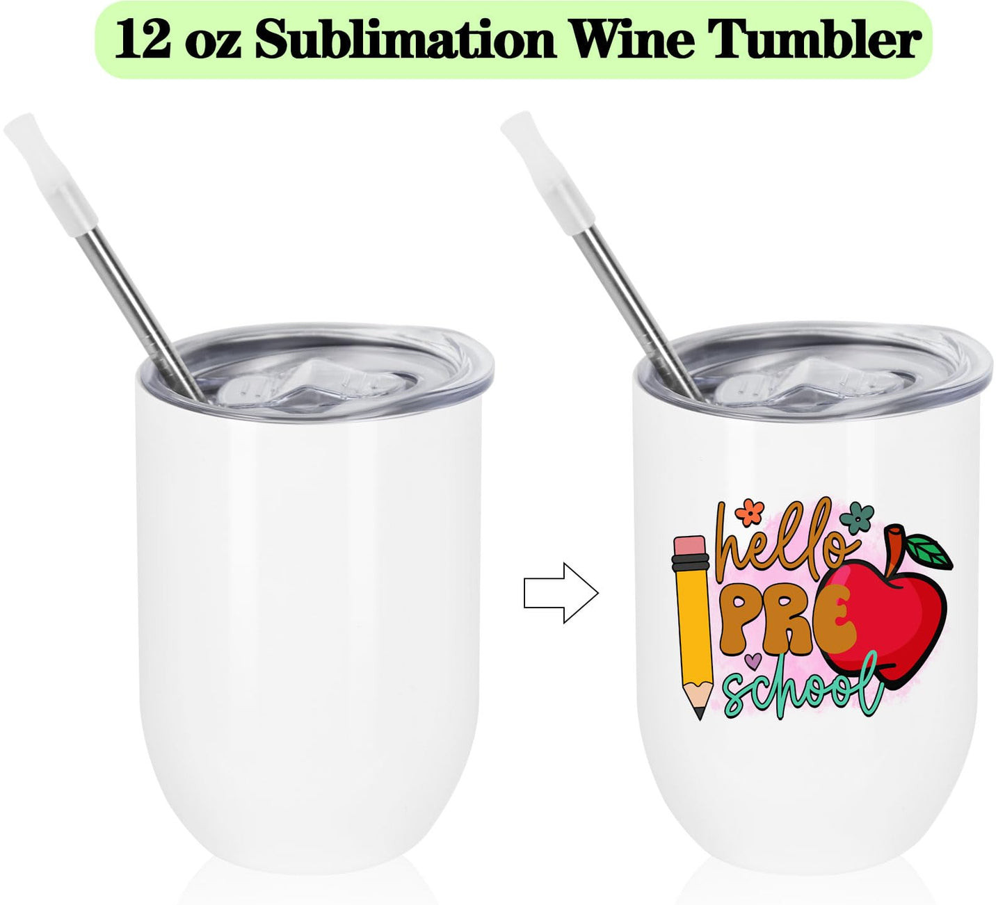 Draheri 12 Oz Sublimation Wine Tumblers Blanks Bulk, Stainless Steel Double Wall Insulated Sublimation Cups with Straw and Straw Brush, Individually Boxed (8 Pack)