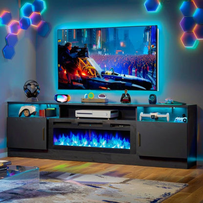 OneBlis 80" Fireplace TV Stand with Power Outlet for TVs UP to 90", Electric Fireplace Entertainment Center with LED Lights & Storage Cabinets, TV Console for Living Room, Office, Black-Black