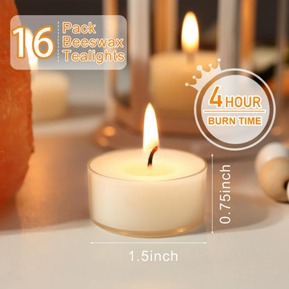 Natural Beeswax Tealight Candles White, 16 Packs, Pure Beeswax Tea Candles in Clear Cup, Organic Ivory Small Tea Light Candles with 4 Hours Clean Burn Time, Soy, Paraffin, & Fragrance Free