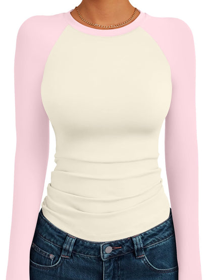Trendy Queen Women's Long Sleeve Shirts Slim Fit Stretchy Color Block Slightly Cropped Tops