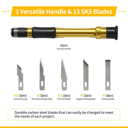 Multifunctional Precision Hobby Knife Set (14pcs) - Craft Knife, Exacto Knife Set for Artwork, Scrapbooking, Stenciling, Architecture Modeling, Woodworking & Leatherworking (Yellow)