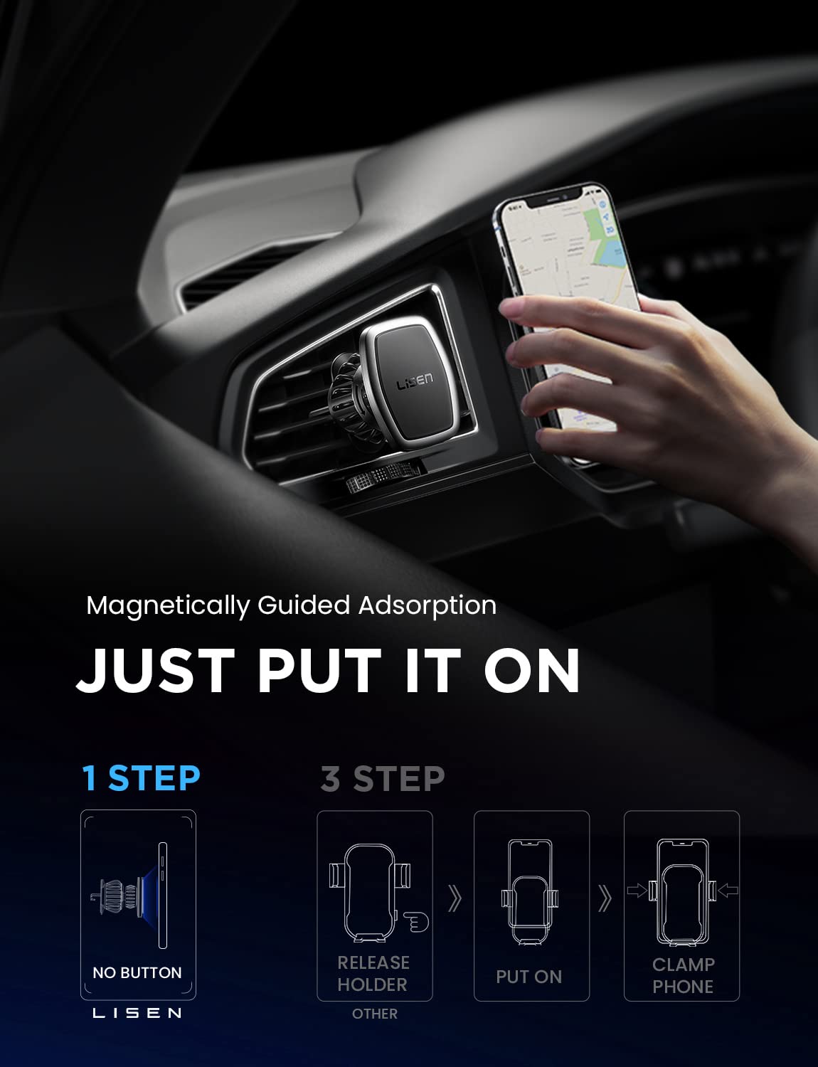 LISEN 2 Pack Magnet for Phone Car Mount Magnetic Phone Holder for Your Car Vent 6 Military Magnets Vent Cell Phone Holder Mount for Car Plate Fit All iPhone 16/15/14/13 Pro Max Plus Samsung S25