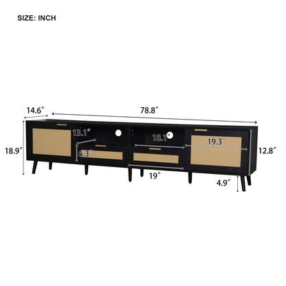 Merax TV Stand for TVs up to 85", 78 Inch Modern Media Console, Entertainment Center with Storage Drawers and Rattan Doors, Open Shelves, Solid Wood TV Cabinet Table for Living Room Furniture