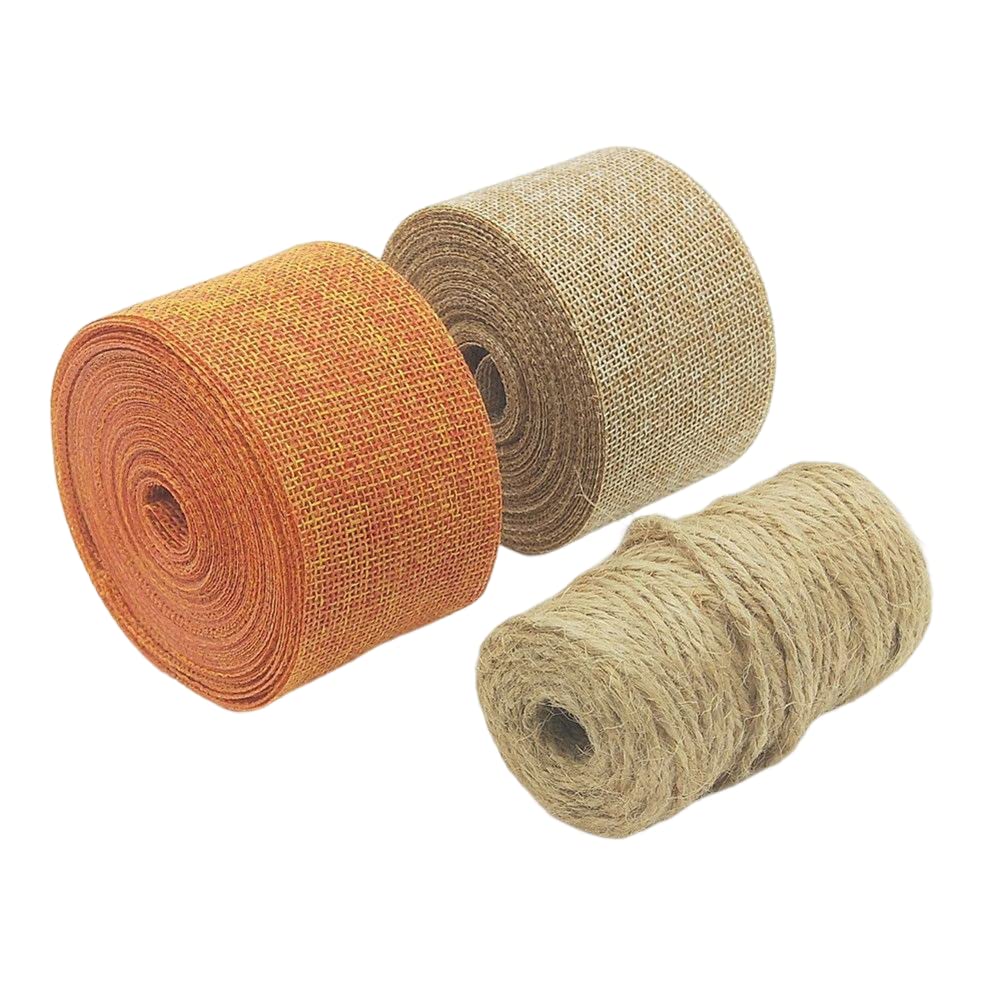 2 Rolls Burlap Ribbon Set, 21.87 Yards 2 inch Wide Burlap Weave Ribbon for Craft Wreaths Wrapping Bows Christmas Tree (Orange+Natural+Jute Twine)