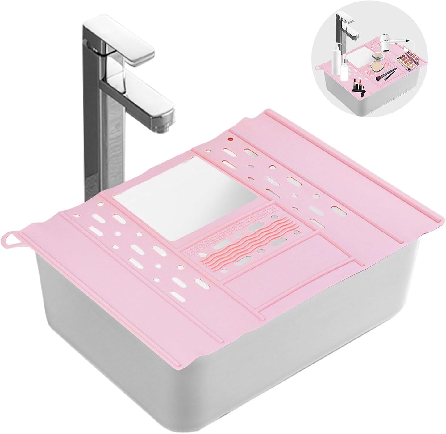 Bathroom Sink Cover, Foldable Makeup Brush Cleaning Mat, Silicone Sink Topper, Heat Resistant Makeup Organizer