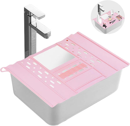 Bathroom Sink Cover, Foldable Makeup Brush Cleaning Mat, Silicone Sink Topper, Heat Resistant Makeup Organizer