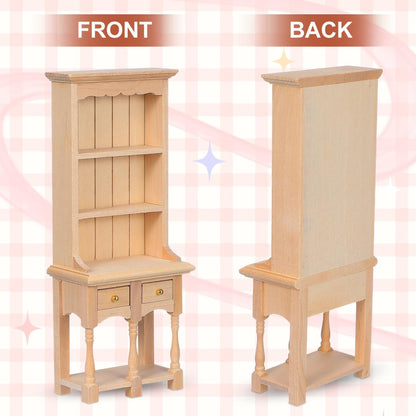 NUOBESTY 1:12 Scale Dollhouse Bookshelf, Miniature Wooden Cabinet with Drawers, Mini Display Shelf for Doll House Furniture Accessories, Tiny Library Study Room Decor Model