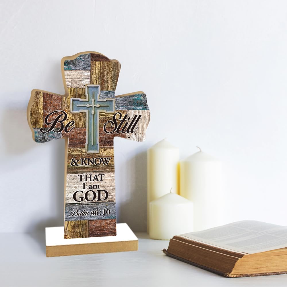 Qswo Wood Cross for Wall,Be Still and Know That I AM God Wooden Cross for Christian Home Room Shelf Wall Decor