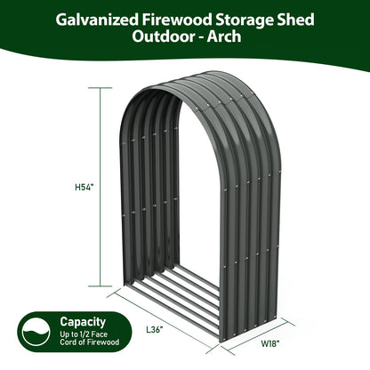 A ANLEOLIFE 6-Set Galvanized Steel Firewood Storage Rack with Weatherproof Corrugated Roof, Heavy Duty Outdoor Log Holder for Patio Porch Fire Pit, Arch Gray