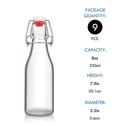 YEBODA 8oz Swing Top Bottles - Glass Beer Bottle with Airtight Rubber Seal Flip Caps for Home Brewing Kombucha, Beverages, Oil, Vinegar, Water, Soda, Kefir (9 Pack)