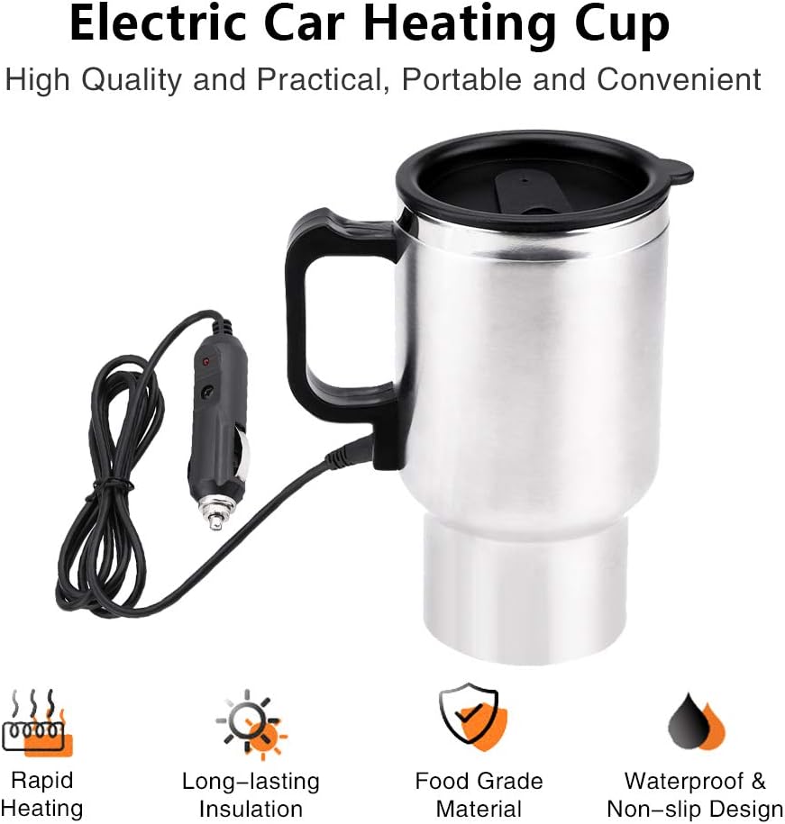 Keenso 12V Electric Car Cup Travel Heating Cup, 450ml Stainless Steel Electric Kettle Coffee Mug Heater