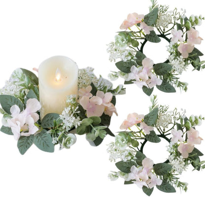 2 Pack Candle Rings Artificial Hydrangea Eucalyptus Leaves Wreaths Small Boho Wreath Pillar Candle Holder for Easter Wedding Home Door Tabletop Decoration (Pink)