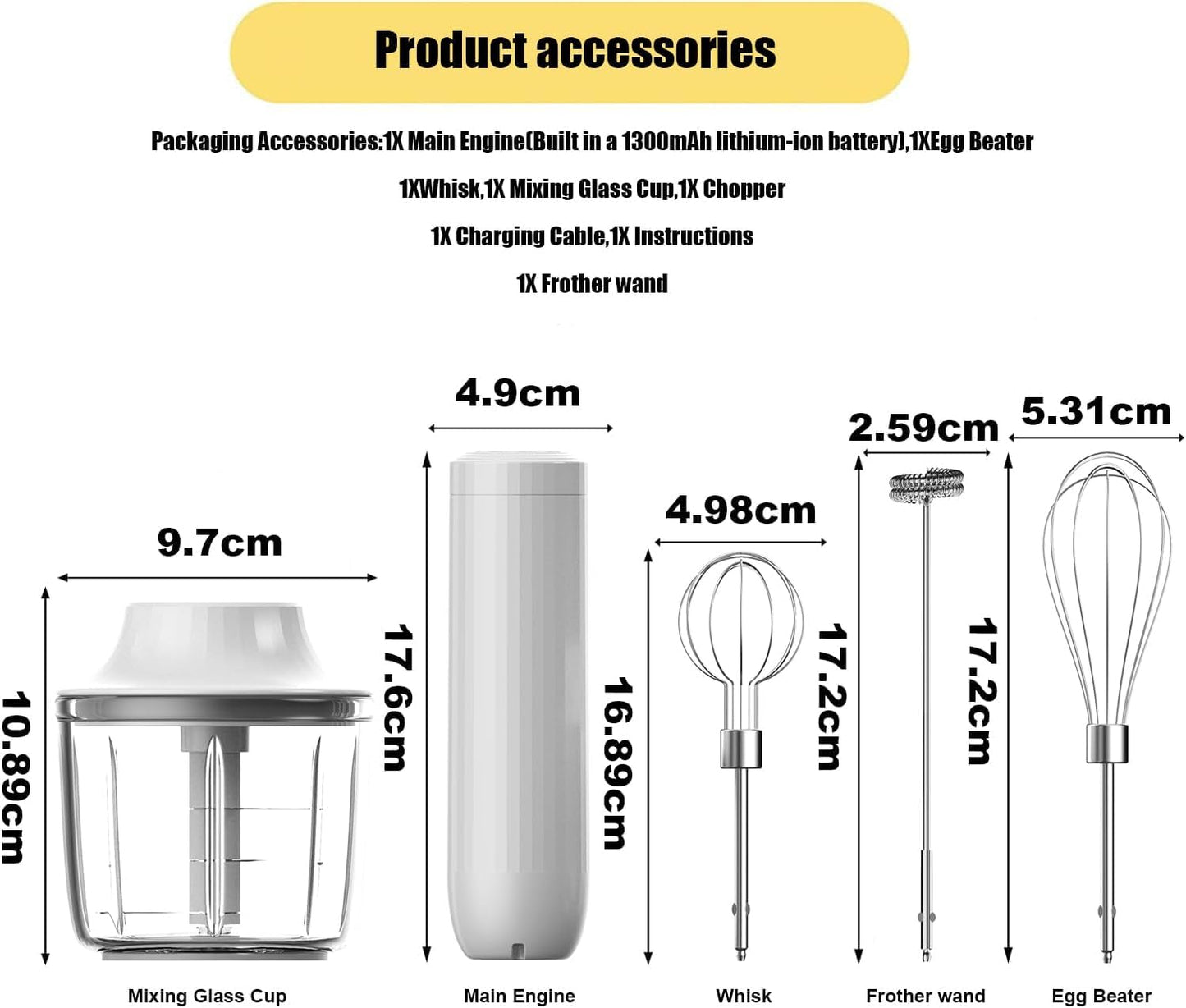 4-in-1 Electric Hand Mixer, Electric Whisk, Mini Onion Chopper 10Oz, Small Cordless Hand Blender, Milk Frother Wand for Coffee, Matcha, 4 Speed Rechargeable Food Processor for Baby Food Maker