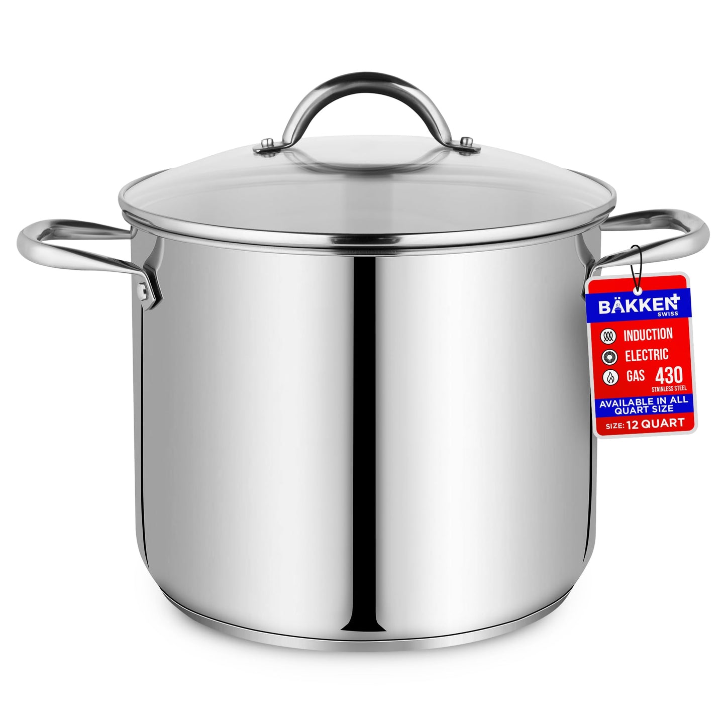 Stainless Steel Stockpot with Tempered Glass Lid 12 Quart, Durable 18/0 Stainless Steel, Impact-Bonded Base for Even Heating, Riveted Handles, Oven & All Stove Compatible, Safe Up To 500°F (260°C)