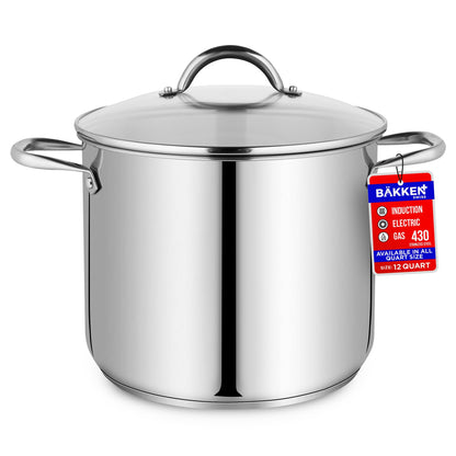 Stainless Steel Stockpot with Tempered Glass Lid 12 Quart, Durable 18/0 Stainless Steel, Impact-Bonded Base for Even Heating, Riveted Handles, Oven & All Stove Compatible, Safe Up To 500°F (260°C)
