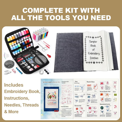 WSJAWH Plus Size Embroidery Stitch Book Kit Sampler for Adults, Embroidery Kit Practice Books for Beginners with Fabric Pages Patterns Needles Tutorials Sewing Tool Kit, Gift for Craft Lovers (1)