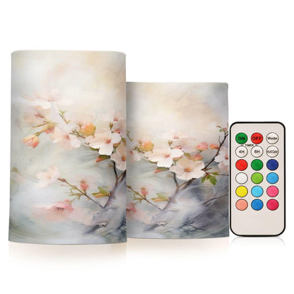 ALAZA Spring Cherry Blossom Flowers Flickering Flameless Candles Battery Operated with Remote Timer,Tea Light Candles LED Pillar Votive Candles Set of 2 for Outdoor Indoor Decorations
