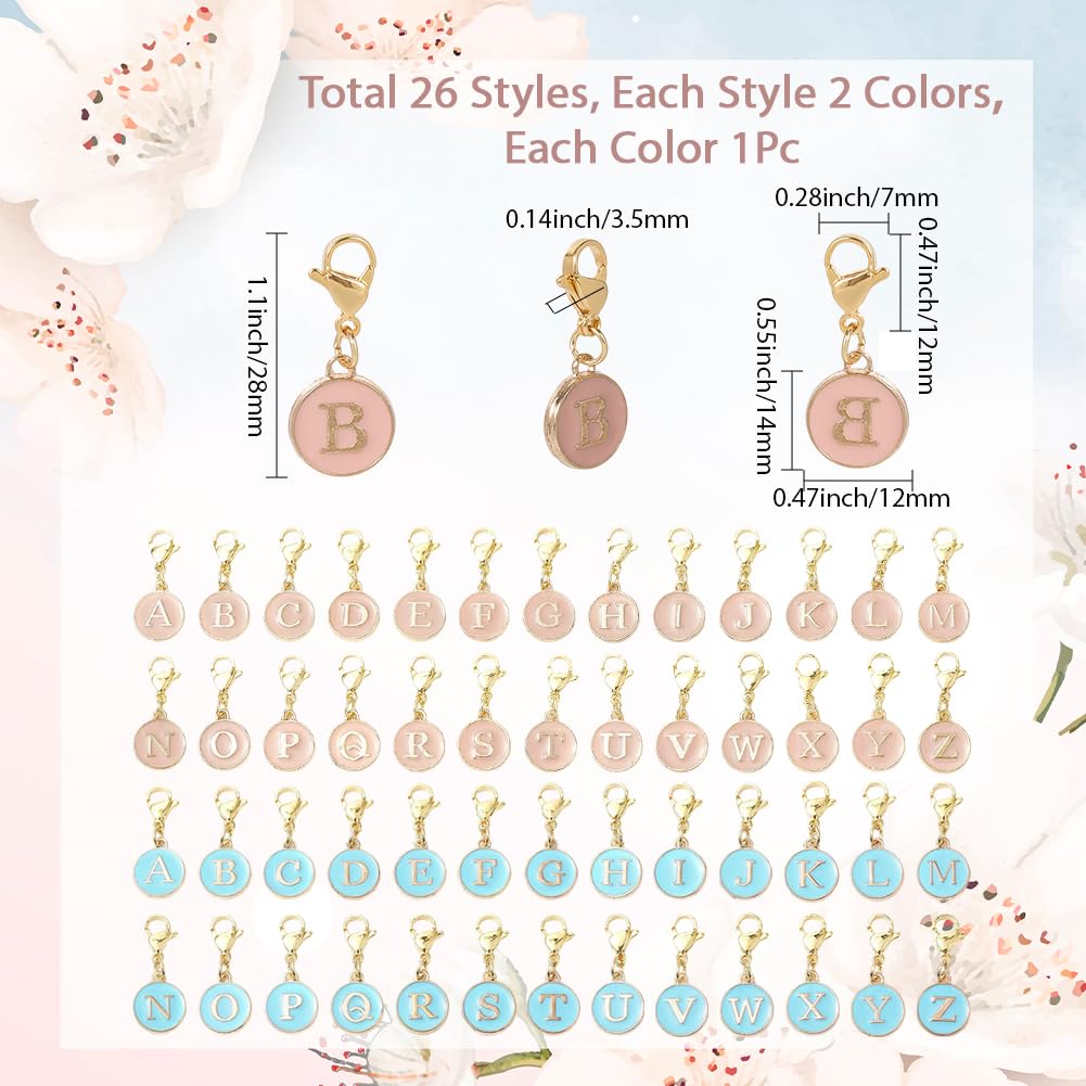 SUNNYCLUE 1 Box 52Pcs 26 Styles Letter Stitch Markers Crochet Stitch Charms Enamel Alloy Alphabet A to Z Capital Pink Blue Lobster Claw Clasps Charm for DIY Crocheting Knitting Sewing Weaving Crafts