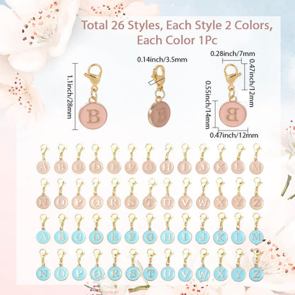 SUNNYCLUE 1 Box 52Pcs 26 Styles Letter Stitch Markers Crochet Stitch Charms Enamel Alloy Alphabet A to Z Capital Pink Blue Lobster Claw Clasps Charm for DIY Crocheting Knitting Sewing Weaving Crafts