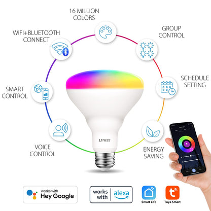 LVWIT Smart Light Bulbs Alexa, BR30 100W Equivalent, E26 Smart LED, Work with Google Assistant, Smart Life App, Tuya App, Dimmable 1300 Lumens RGB Color Changing Bulb (13W), No Hub Required, 4-Pack