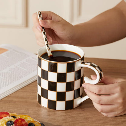Porlien Checker Porcelain 18-ounce Mug Set of 2 with Teaspoon, Coffee Mugs and Tea Cups