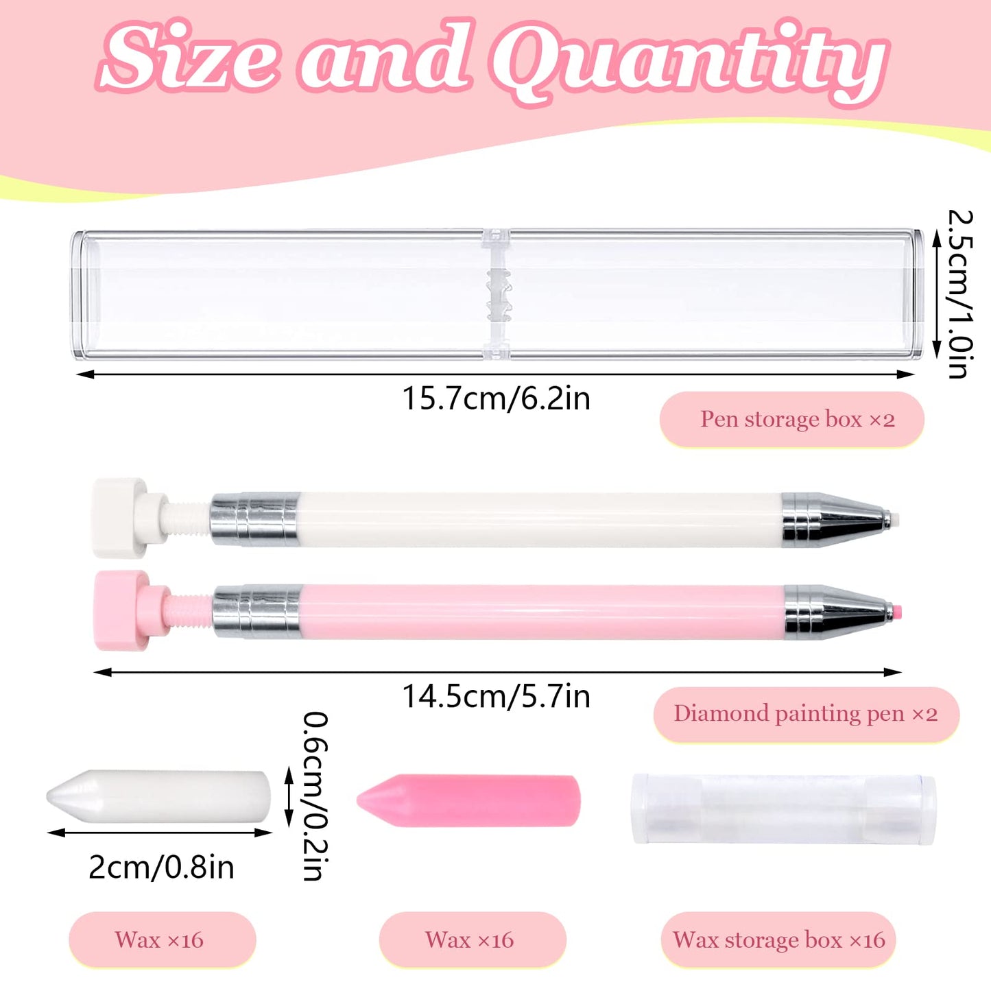 ZYNERY 34 Pcs Diamond Painting Pens Kit, 2 Pcs Refillable Wax Pen with 32 Pcs Wax, Rotating Glue Point Drill Pen for Nail Art, Diamond Art Accessories and Tools, Quickly Pick Up Beads Gem (Pink&White)