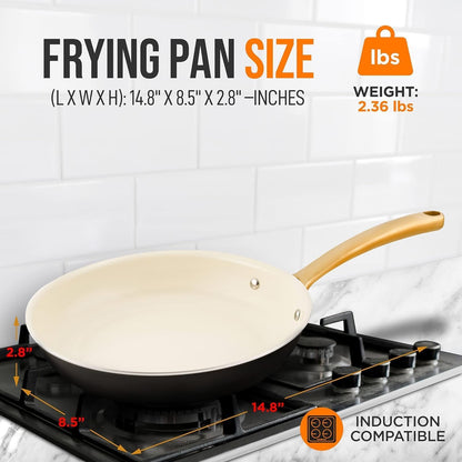 NutriChef 8-Inch Professional Ceramic Frying Pan, Small Skillet with Golden Titanium Handle, Non-Stick