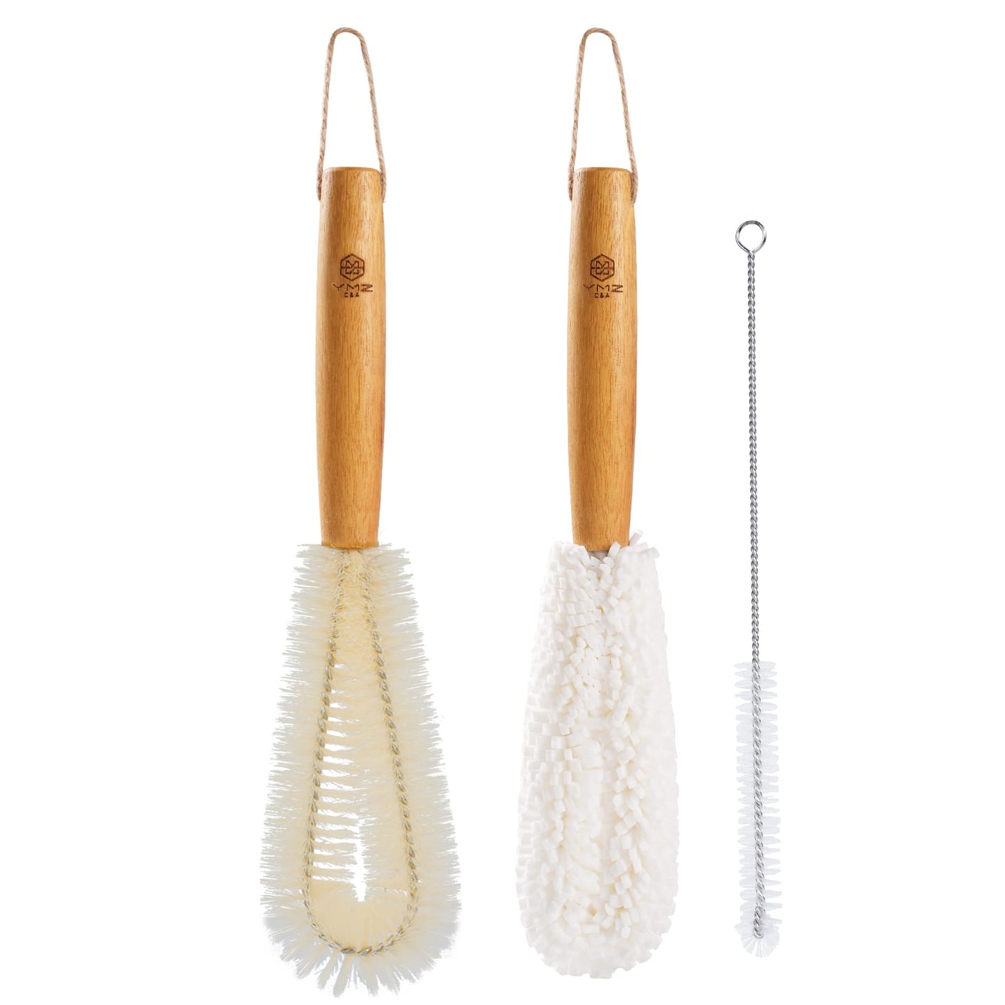 YMZ C&A Bottle Brush Cleaner Set-Teak Wood Handle for Glass Cups, Coffee Cups, Mugs, and Sport Bottles