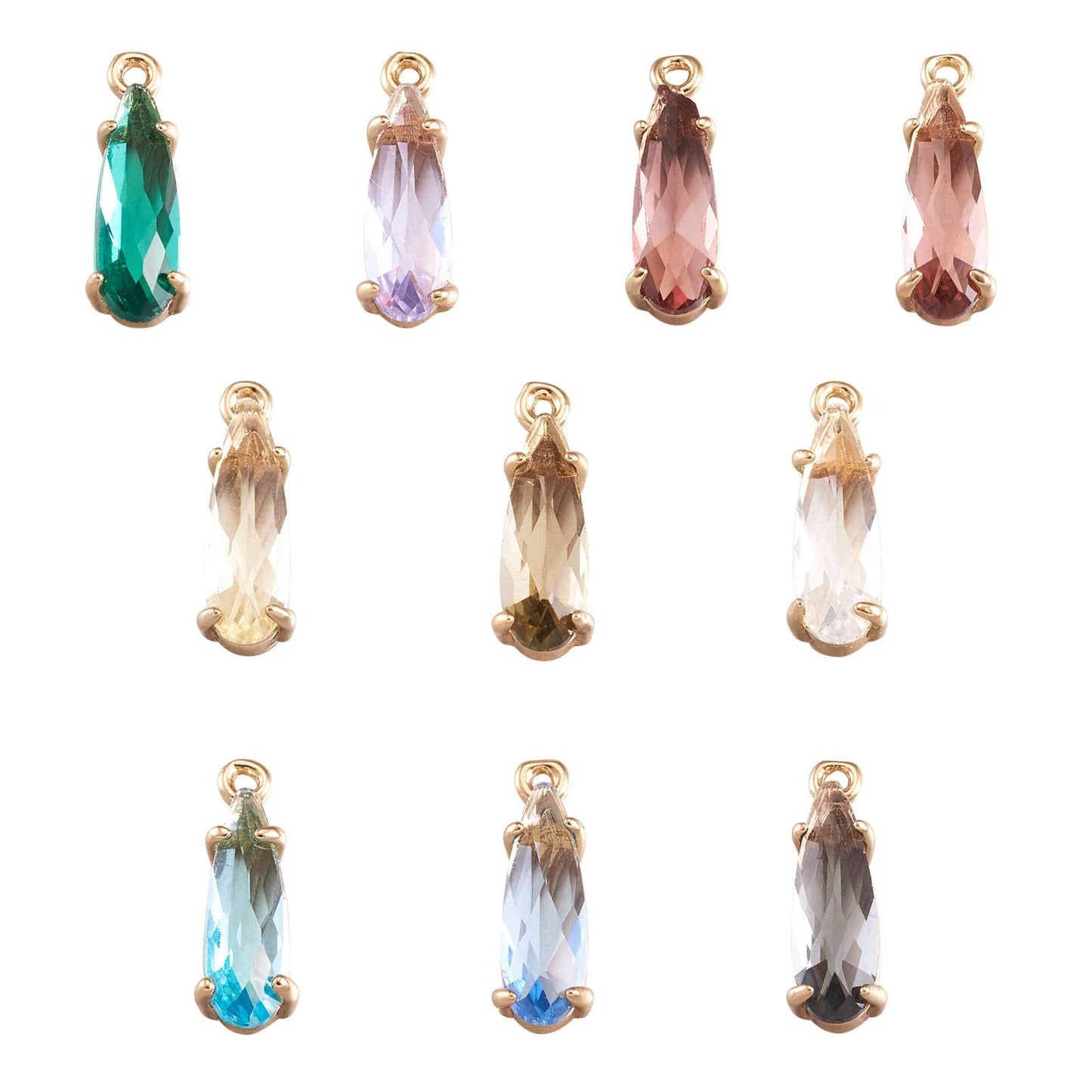 FASHEWELRY 50Pcs Teardrop Faceted Glass Pendants Mixed Colors Crystal Glass Dangle Oval Drop Bead Charms with Golden Open Back Settings for Jewelry Craft Making