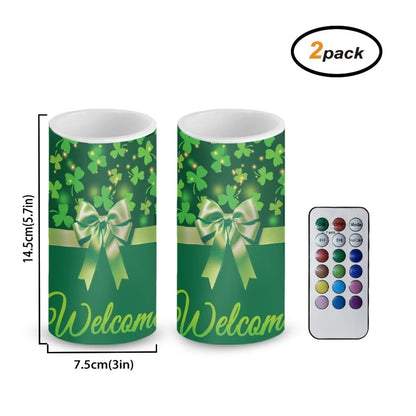 Luarisgur St Patricks Day Decor Flameless Candles Battery Candles with Remote Control Green Bow LED Pillar Candles Electric Fake Plastic Candles for Home Room Bedroom Holiday Decorations Set of 2