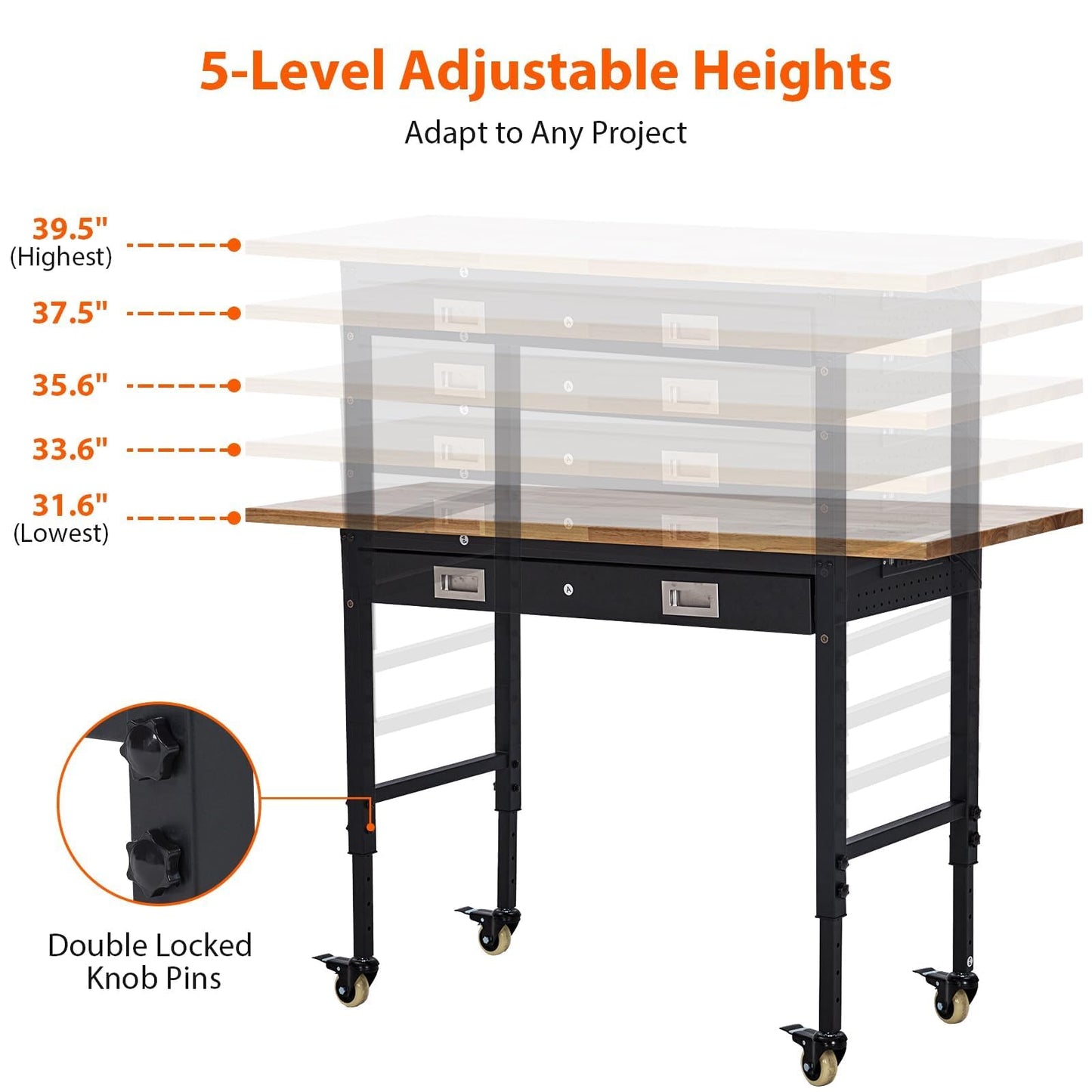 Adjustable Workbench for Garage, 48" Heavy Duty Rolling Work Bench with Power Outlet & Storage Drawer, 2000 LBS Capacity Solid Wood Top Shop Table for Workshop Home Office