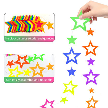 126feet UV Paper Garland Hollowed Star Neon Streamers Black Light Decorations Glow Party UV Reactive Party Favors Glow in The Dark Supplies and Decorations Wedding Birthday Banner